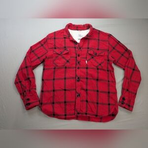 Topo Designs Field Shirt Men Large Red Black Plaid Flannel Loop Collar Pockets